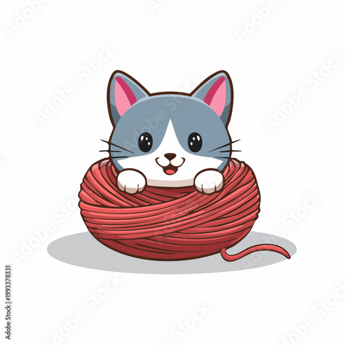 Cute Cartoon Cat Peeking Out of a Ball of Yarn