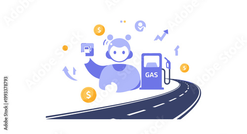 Cartoon Monkey Holding Mobile Phone Near Gas Pump on Road