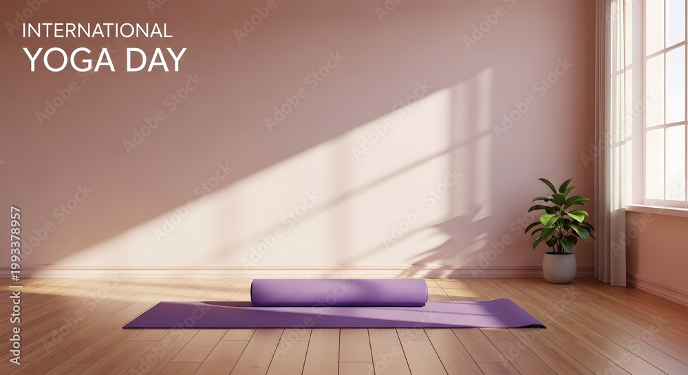 Fototapeta premium Celebrate international yoga day peaceful studio scene with yoga mat and sunlight