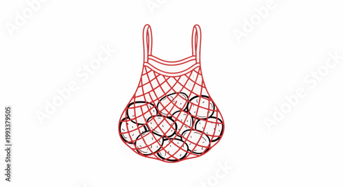 Red net bag filled with round objects, hand-drawn illustration