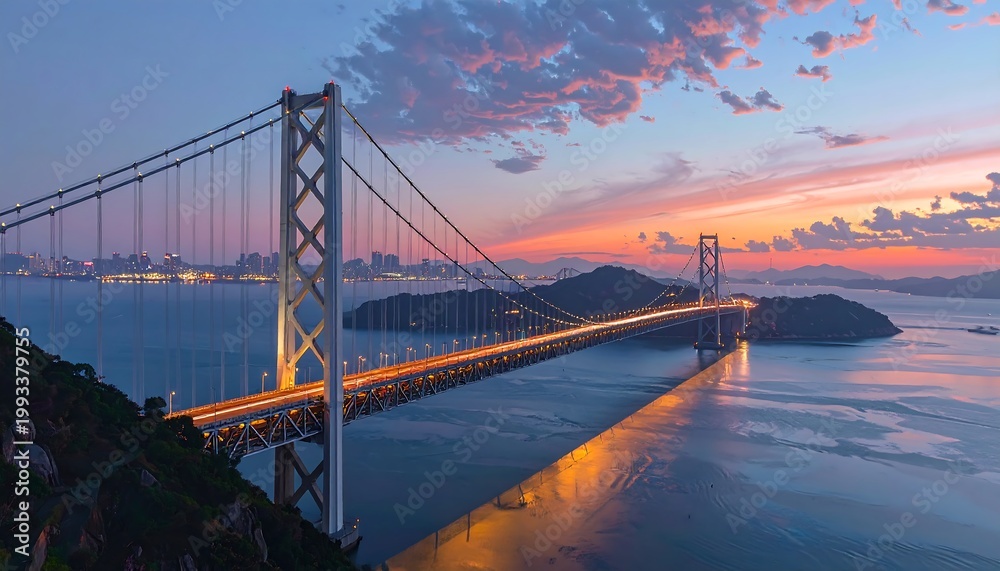 Fototapeta premium A suspension bridge spans a body of water at sunset