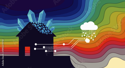 Abstract illustration of a house with crystals and data flow connecting to a cloud with rain, symbolizing smart home technology and environmental data.