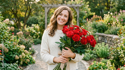 woman with red flowers