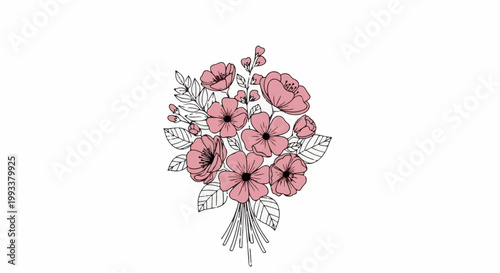 Delicate illustration of a bouquet of blooming pink flowers with green leaves