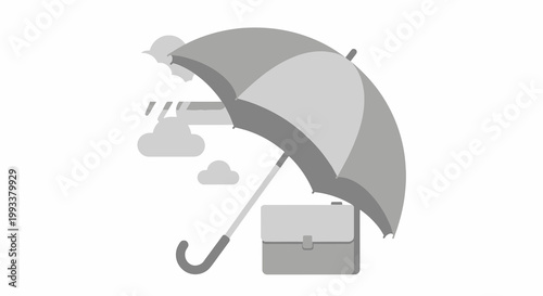 Grey umbrella with travel luggage and clouds background