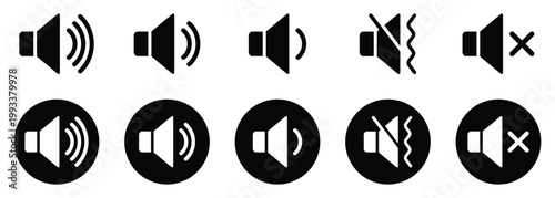 Volume vector icon silhouette design in black color. Set of Audio speaker volume icons. Volume on, off, mute, max, etc button icons set. Volume control sign. Vector illustration.
