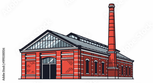 Industrial brick building with glass roof and tall chimney