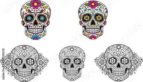 Sugar Skull Set Featuring Day of the Dead Decorative Skulls with Floral Patterns for Mexican Dia de los Muertos Illustration Design.