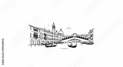 Pen and ink sketch of a famous Italian bridge spanning a canal with gondolas