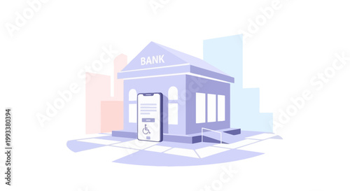 Modern bank building with digital ATM outside scenic city street