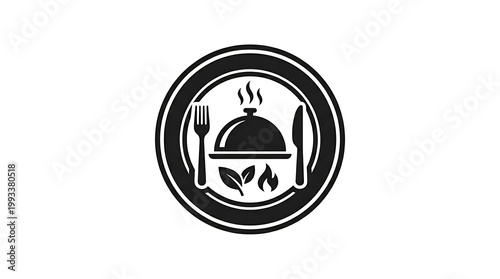 A black and white logo of a plate with a covered dish and utensils