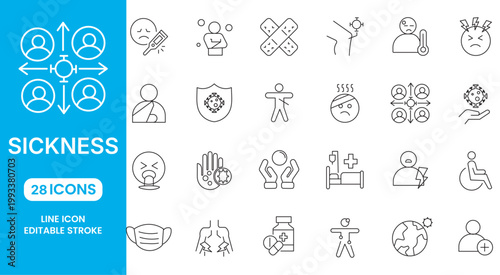 sickness line icons for healthcare medical and patient vector