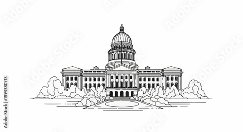 Grand neoclassical building with a dome and symmetrical wings, surrounded by trees