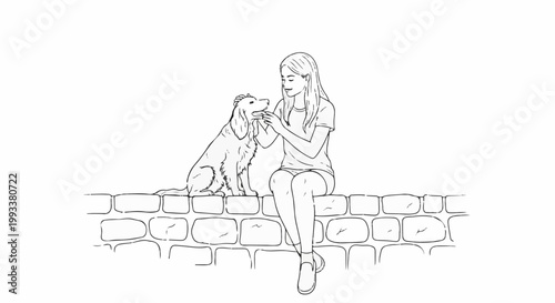 Girl gently pets her dog while sitting on a stone wall