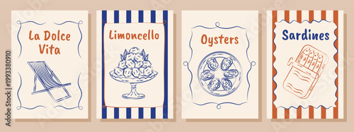 Italian summer posters and cards in hand drawn whimsical style. Mediterranean. La Dolce Vita. Amalfi coast.