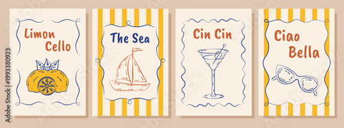 Italian summer posters and cards in hand drawn whimsical style. lemons. Mediterranean. La Dolce Vita. Amalfi coast.