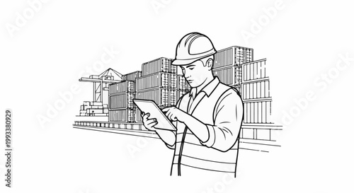 Industrial worker with tablet at shipping container yard