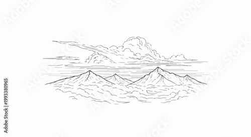 Black and white line drawing of a dramatic mountain range emerging from clouds