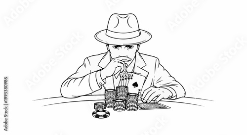 Focused man in fedora playing poker with chips and cards