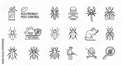 Diverse line art icons depict pest control services and various insects