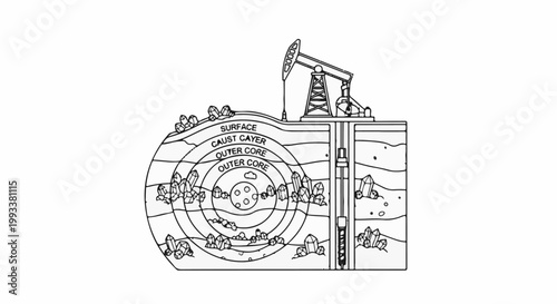 Diagram shows earth's layers with oil rig extracting resources