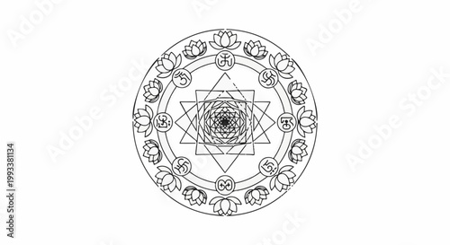 Intricate circular mandala with lotus flowers and geometric patterns