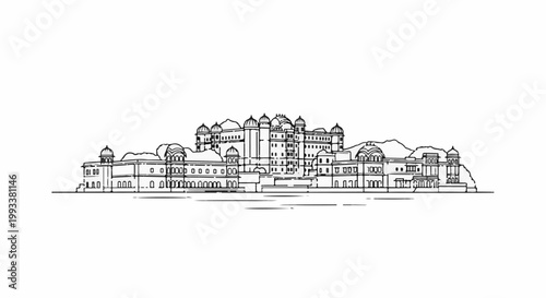 Elaborate structure with multiple domes and windows, set against hills