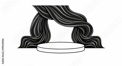 Abstract stage with flowing black strands draped over a podium
