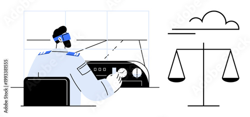 Aviation, control, decision-making, balance, justice, law. A pilot operates a cockpit while symbolic scales of justice are illustrated nearby. Aviation and decision-making concept