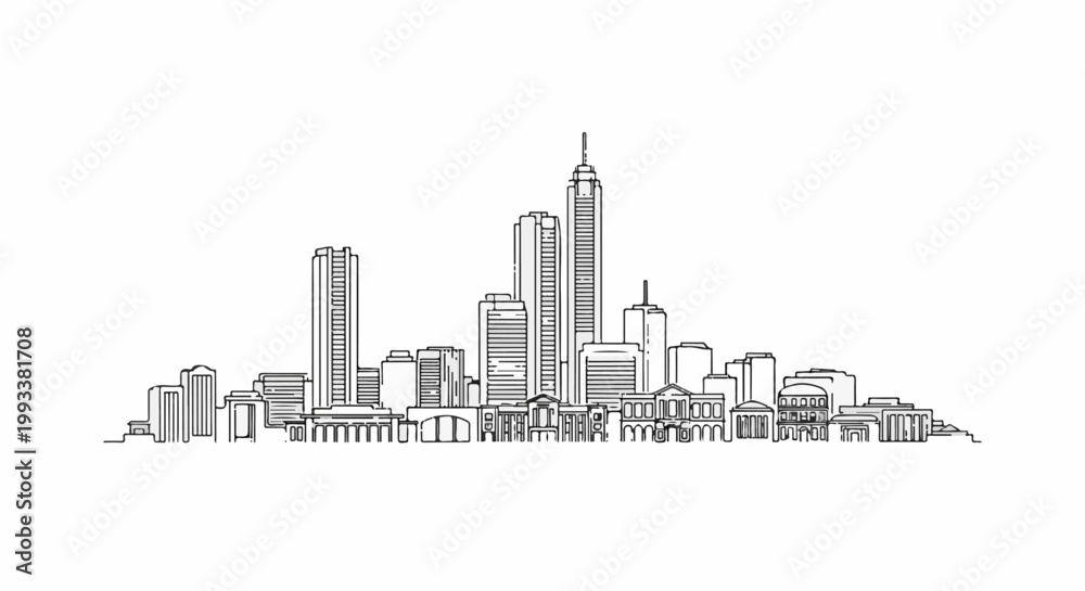 Obraz premium A simplified black and white sketch of a dense city skyline with tall buildings
