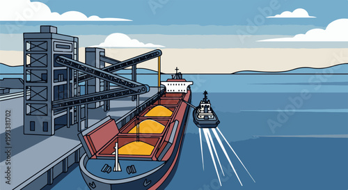 Cargo ship loading grain at port with tugboat assisting