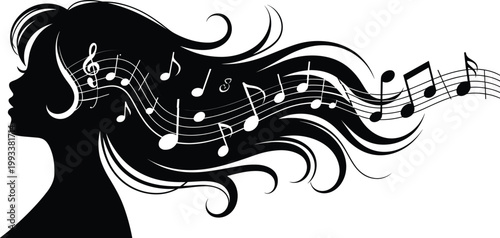 Beautiful woman silhouette with flowing long hair containing musical notes and staff lines for creative music festival branding and concert posters