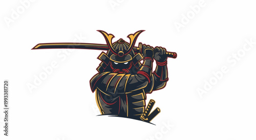Fierce warrior in dark armor with helmet and sword raised