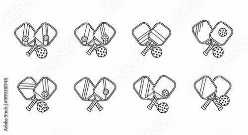 Eight variations of pickleball paddles and balls in a grid layout