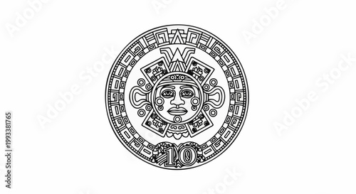 Black and white line drawing of an ancient sun stone calendar featuring a face and numerical markings