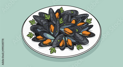 A plate of delicious mussels garnished with parsley on a light teal background