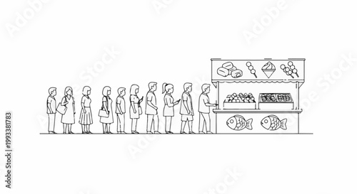 Diverse people in a line waiting to buy food from a vendor