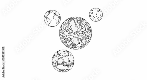 Artistic rendering of celestial bodies Earth, Moon, and other planets
