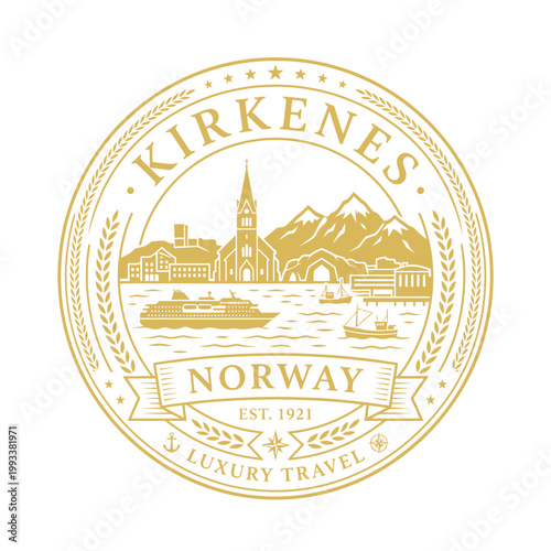 Gold Kirkenes Norway luxury travel emblem with mountains and cruise ship vector illustration