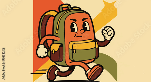A vintage cartoon backpack character running with a cheerful expression