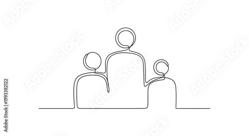 Family portrait, continuous line drawing, minimalist illustration of three people, parents and child