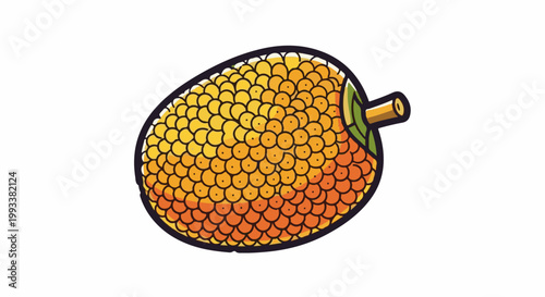 Cartoon illustration of a ripe, spiky jackfruit with a stem and leaves