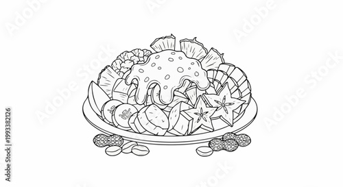 A black and white drawing of a fruit platter with starfruit, pineapple, banana, and peanuts