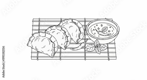 Black and white sketch of dumplings, dipping sauce, chili, and basil on bamboo mat