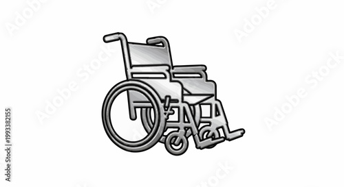 A stylized, metallic wheelchair icon with a brushed silver finish