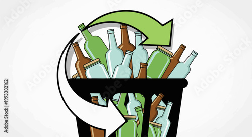 A stylized illustration of a recycling bin filled with glass bottles, symbolizing reuse