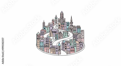 A whimsical town with pastel-colored buildings winding up a hill