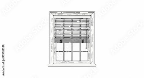 A sketch of a double-hung window with blinds and eight panes
