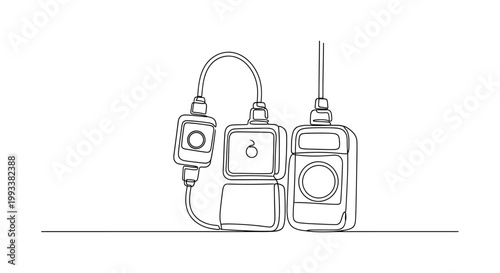 Continuous line drawing of electronic devices connected by cables, minimalist art