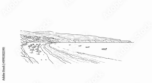 A scenic coastal village with a crescent beach, boats on the water, and rolling hills